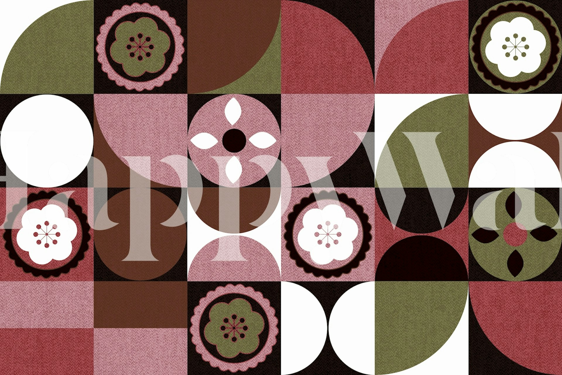 Peinture murale géométrique abstraite Scandi Floral Bauhaus avec un mélange de motifs floraux et de formes géométriques dans des tons de terre