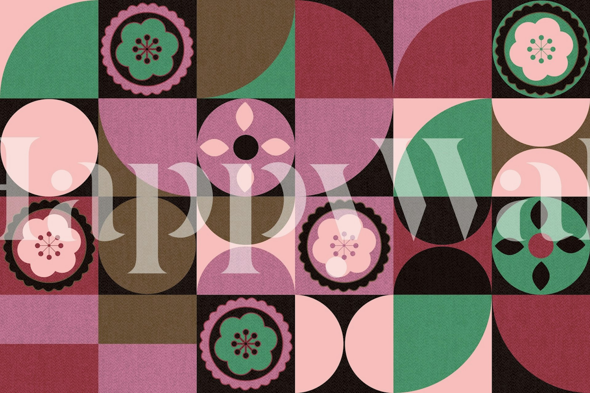 Colorful floral geometric patterns in pink, green, brown, and black wallpaper