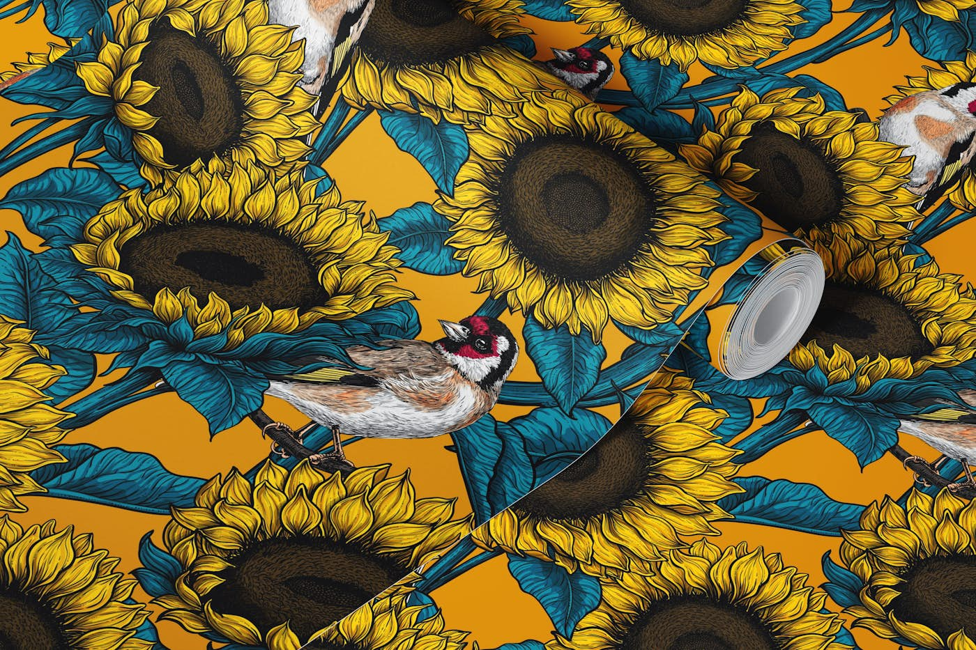 Sunflowers and goldfinches, yellow and blue wallpaper roll