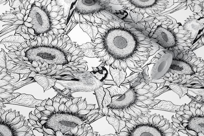 Sunflowers and goldfinches, black and whitewallpaper roll