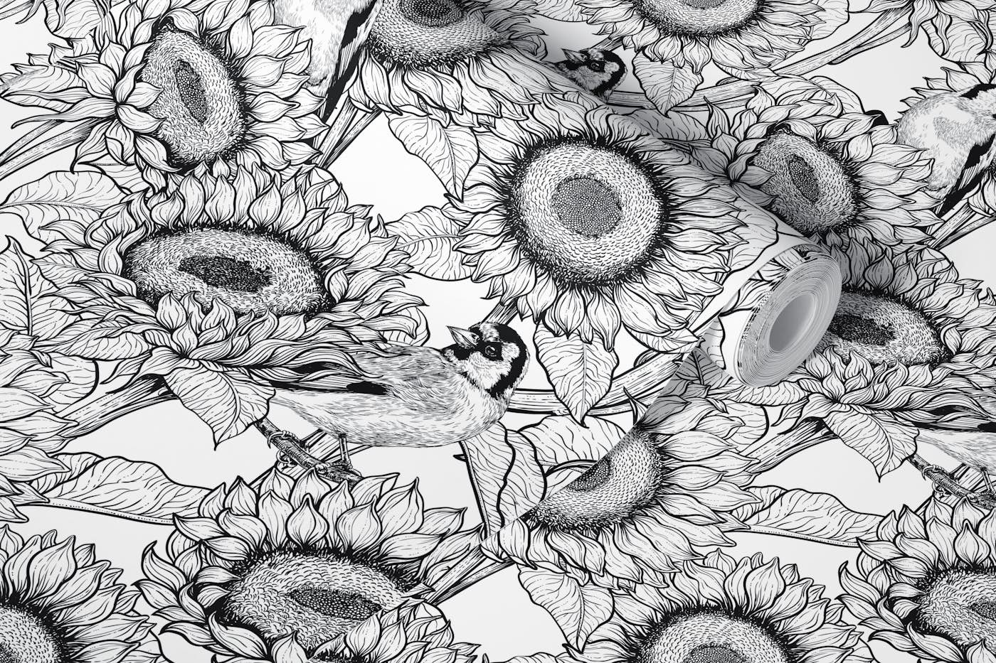 Sunflowers and goldfinches, black and white wallpaper roll