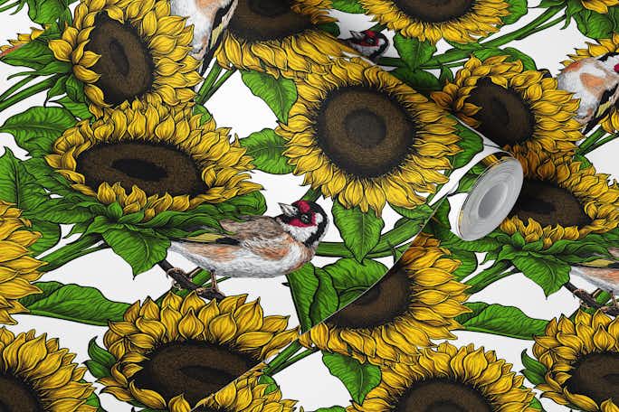 Sunflowers and goldfinches, yelow and greenwallpaper roll