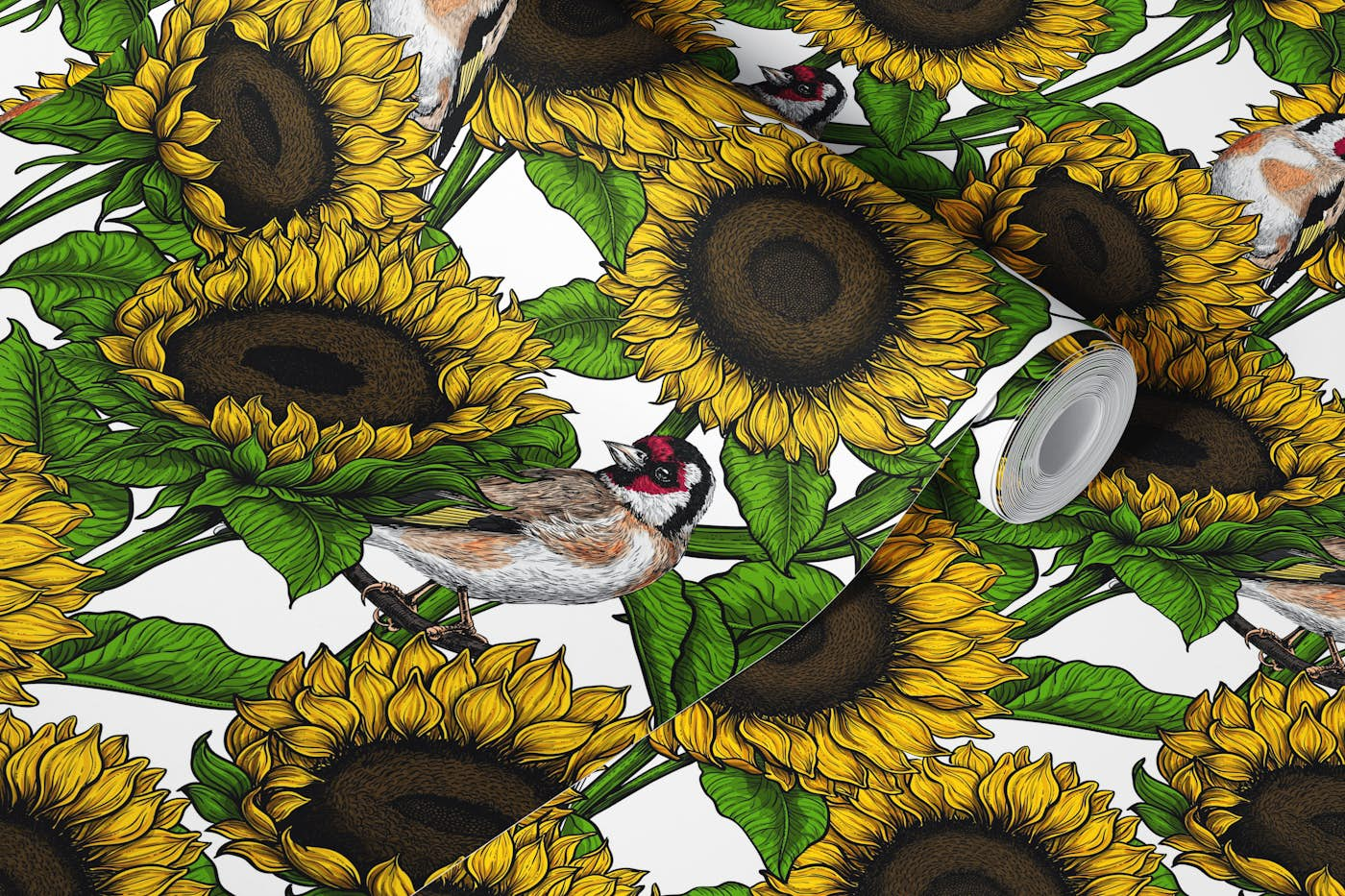 Sunflowers and goldfinches, yelow and green wallpaper roll