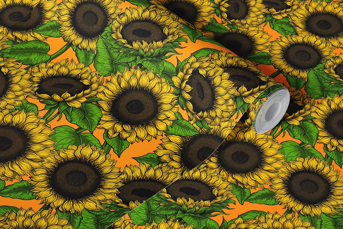 Sunflower field, yelow and green wallpaper roll