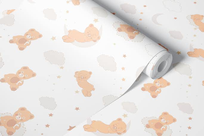Cute teddy bears with clouds neutral patternwallpaper roll