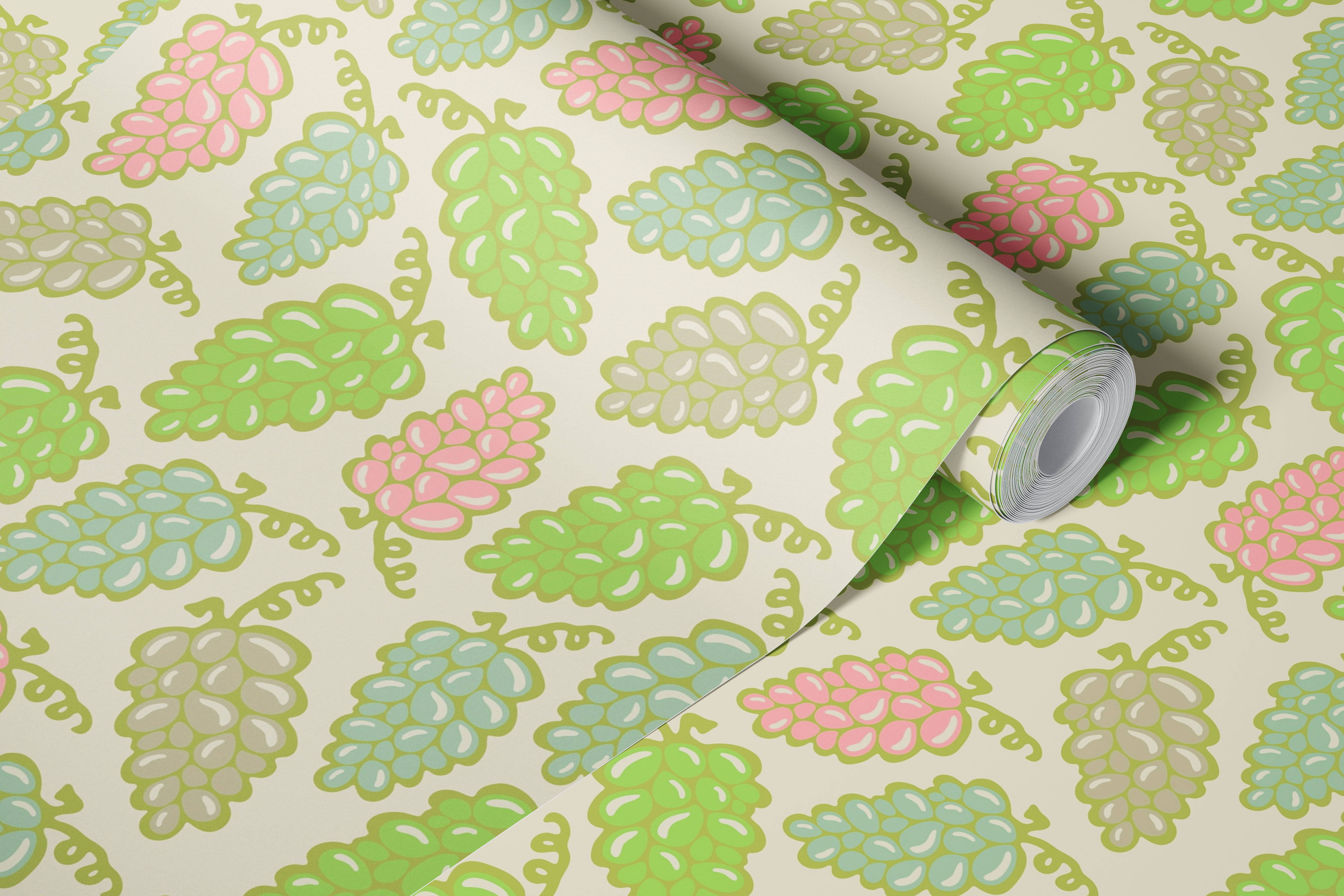Colorful grapes in pastels of green and pink wallpaper