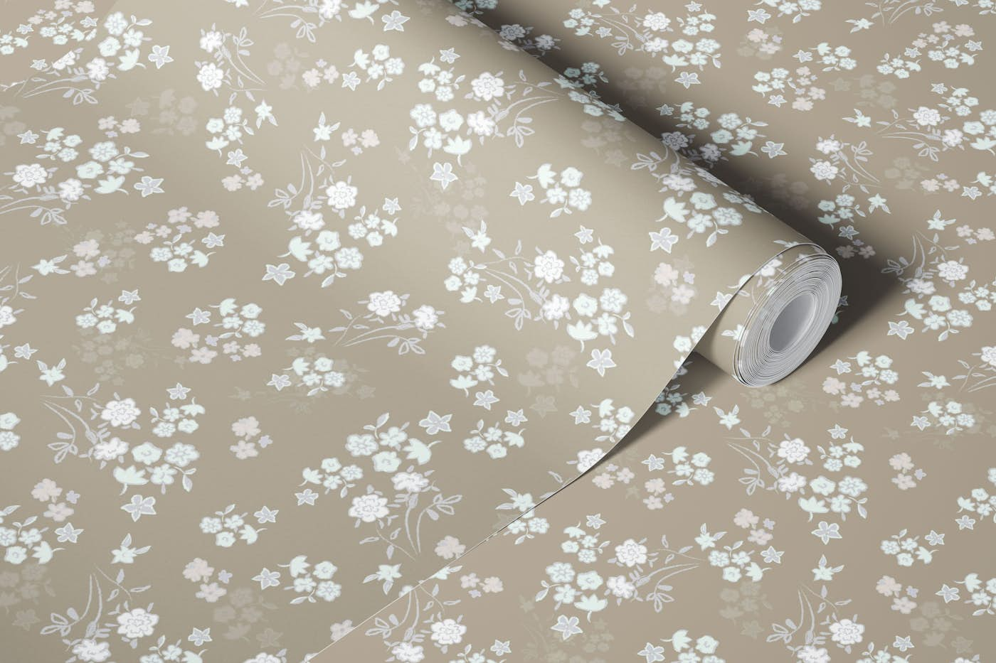 White ditsy pattern with brown background wallpaper roll