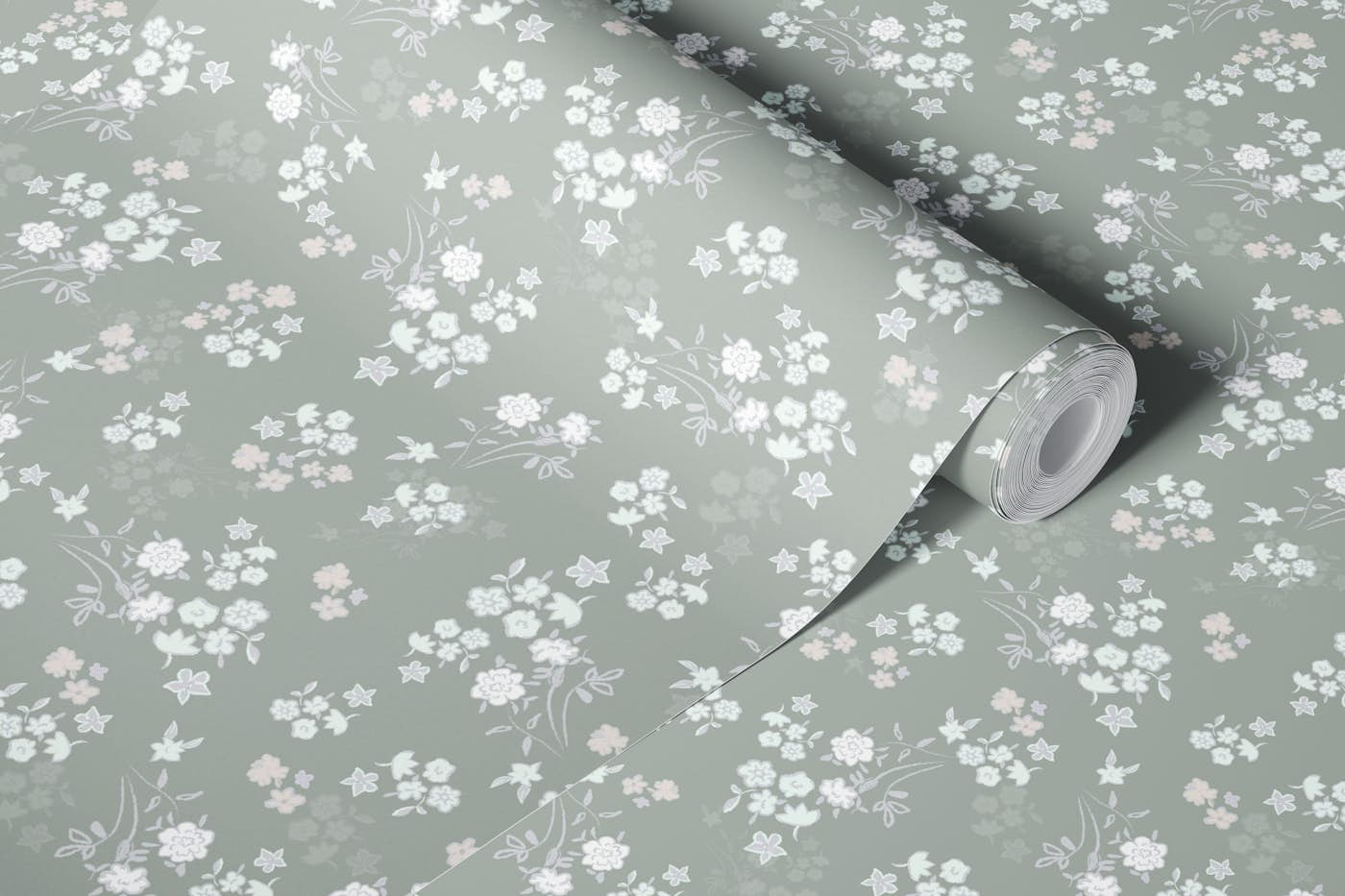 White ditsy pattern with green pattern wallpaper roll