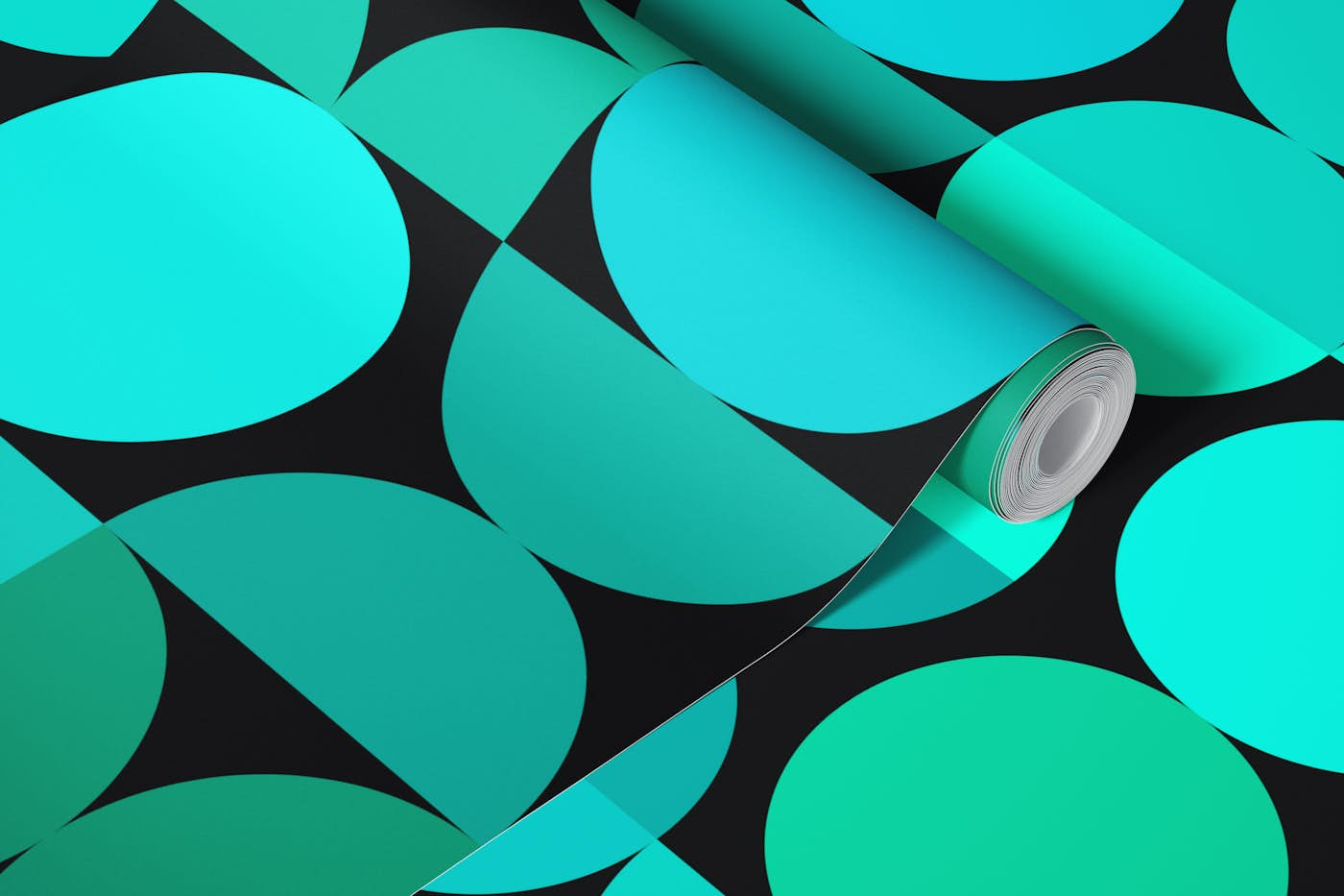 Retro Shapes Pattern Turquoise Black wallpaper roll