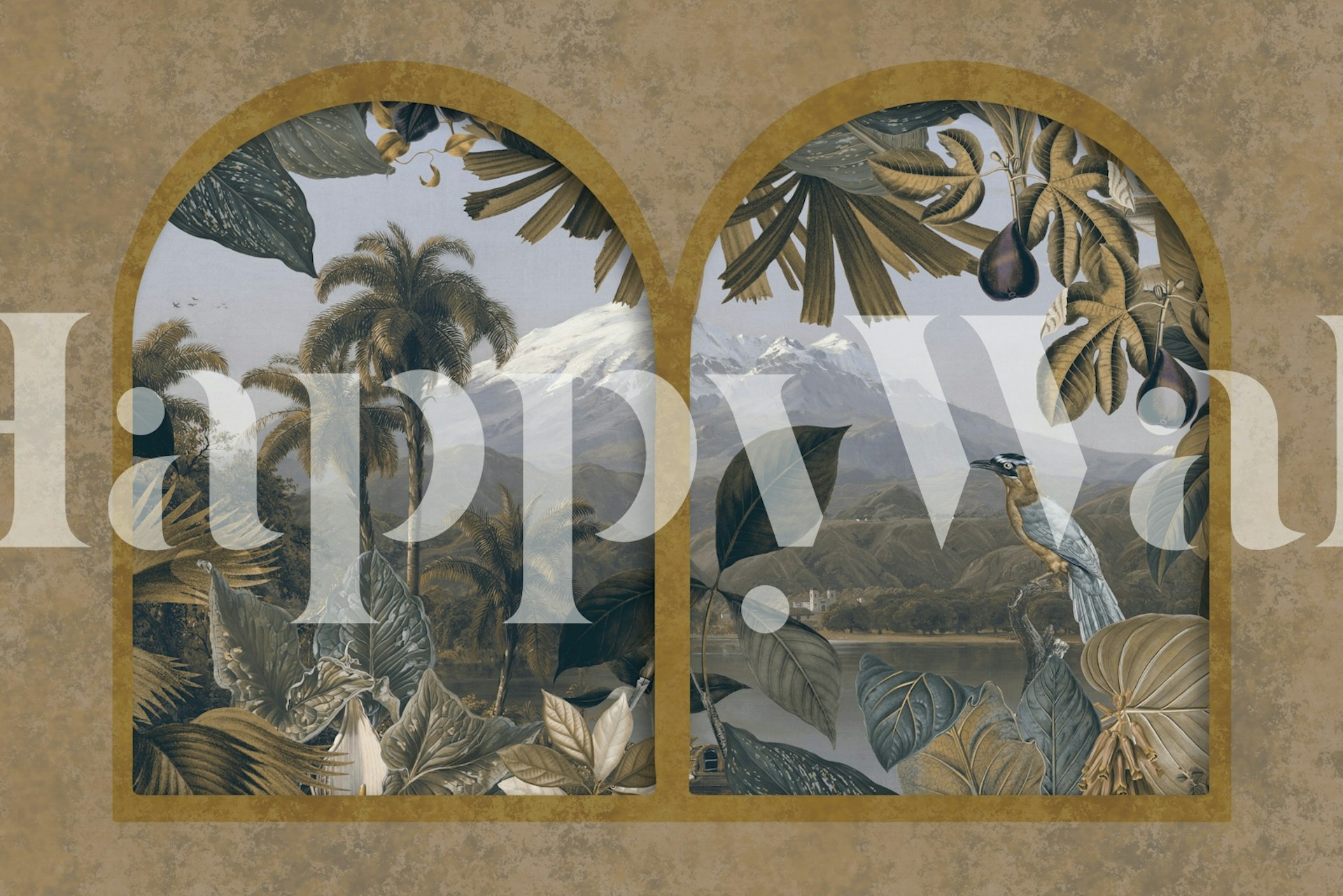 Wall mural of a window with a mountain view, featuring tropical plants and a bird.