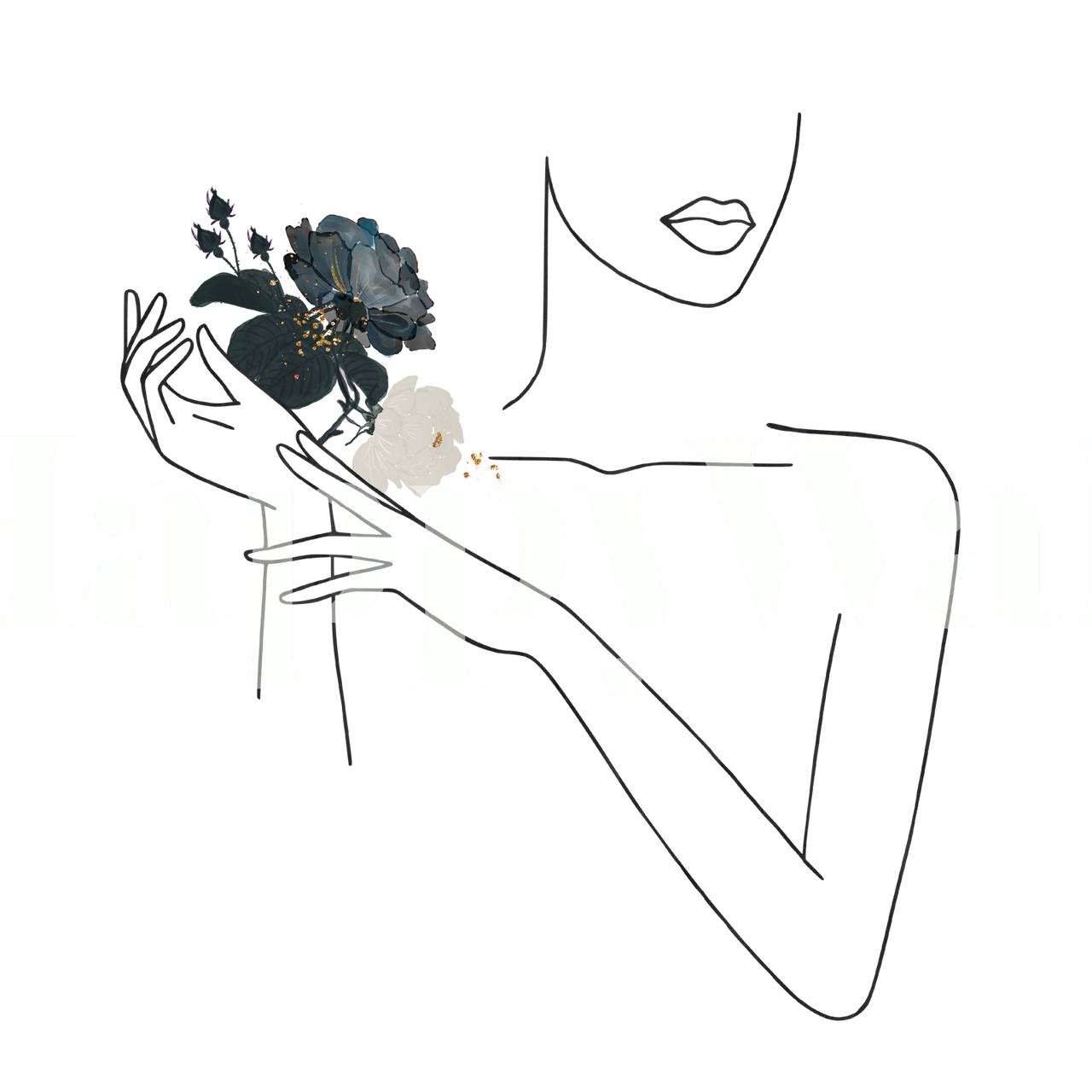 Line art woman with flowers wallpaper in room