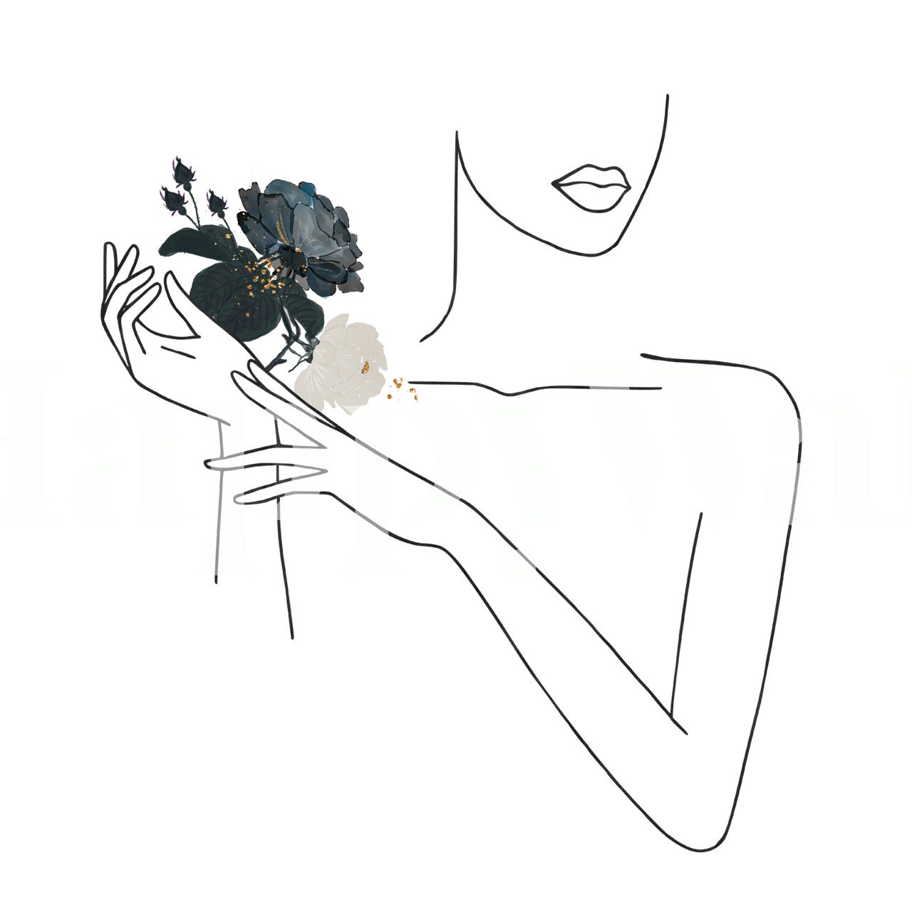 Line art woman with flowers wallpaper in room