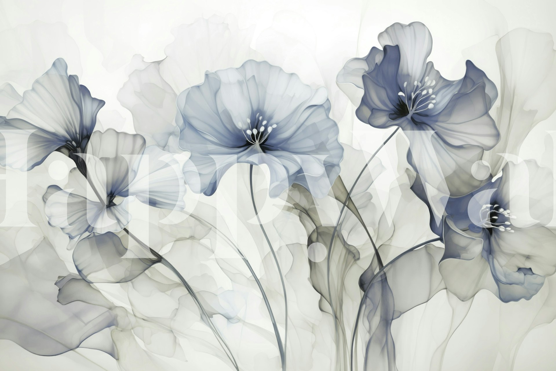 Fotomural flores suaves de color gris azulado sobre fondo blanco