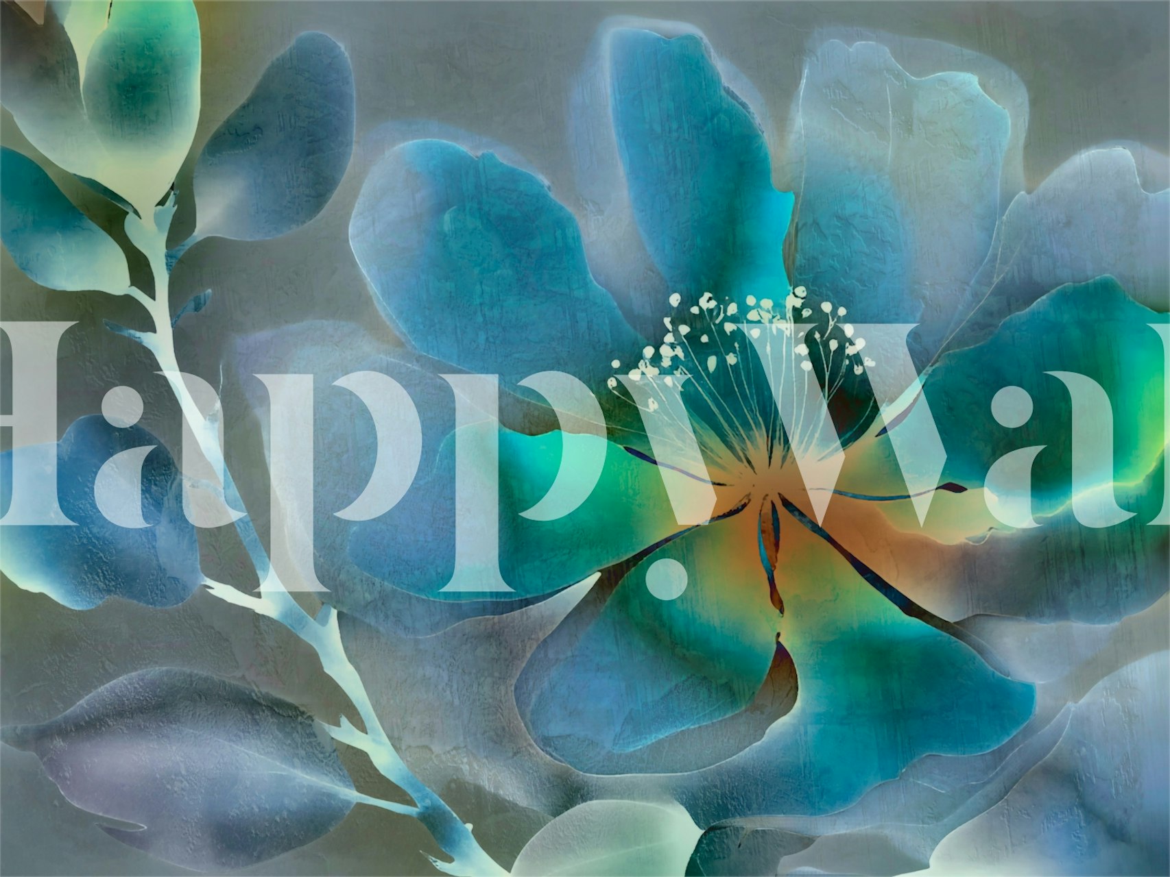 Large blue and green floral design with soft petals wallpaper