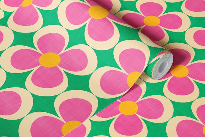 Groovy Geometric Floral Pink and Green Smallwallpaper roll