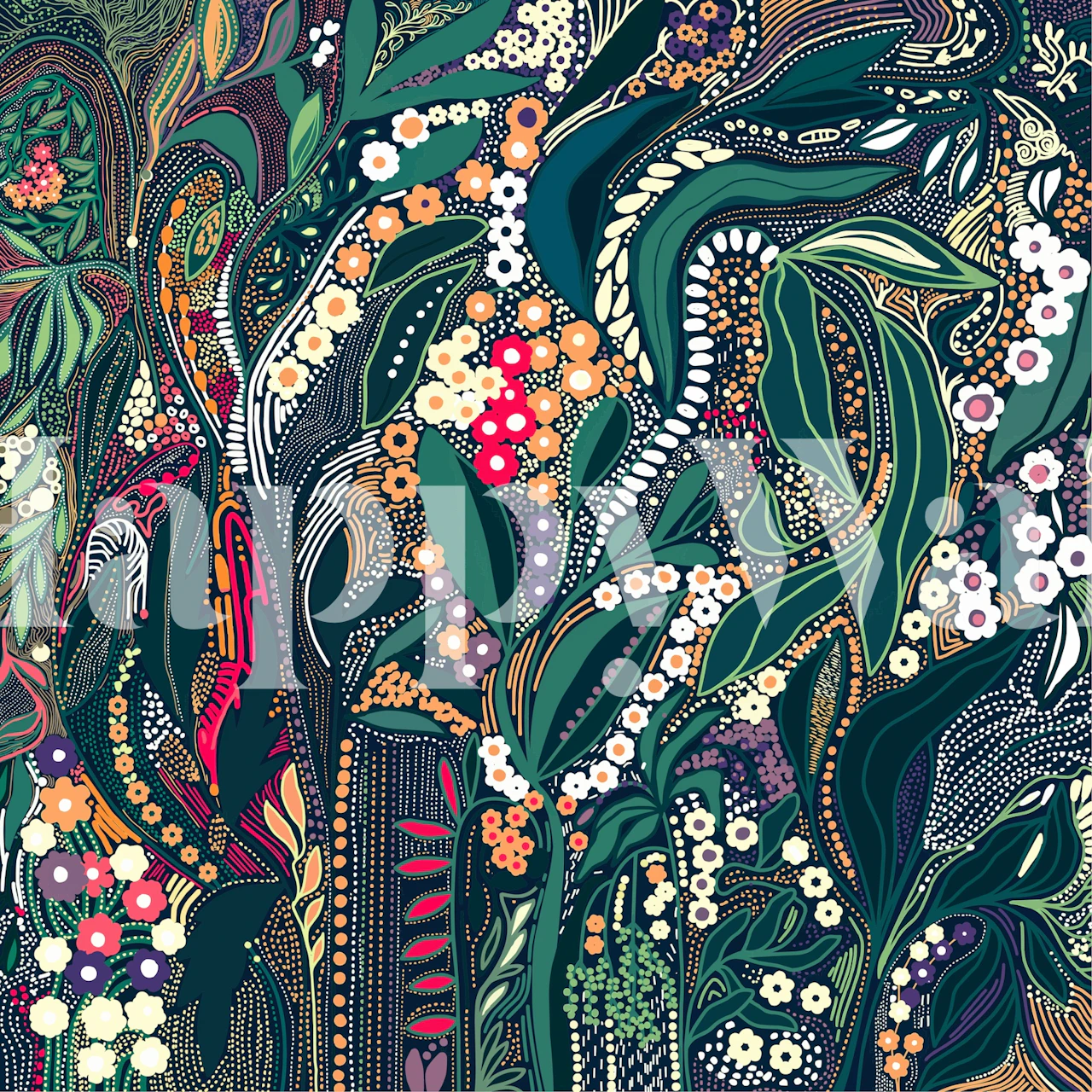 Wall mural featuring an intricate design of foliage, flowers, and patterns in lush colors.