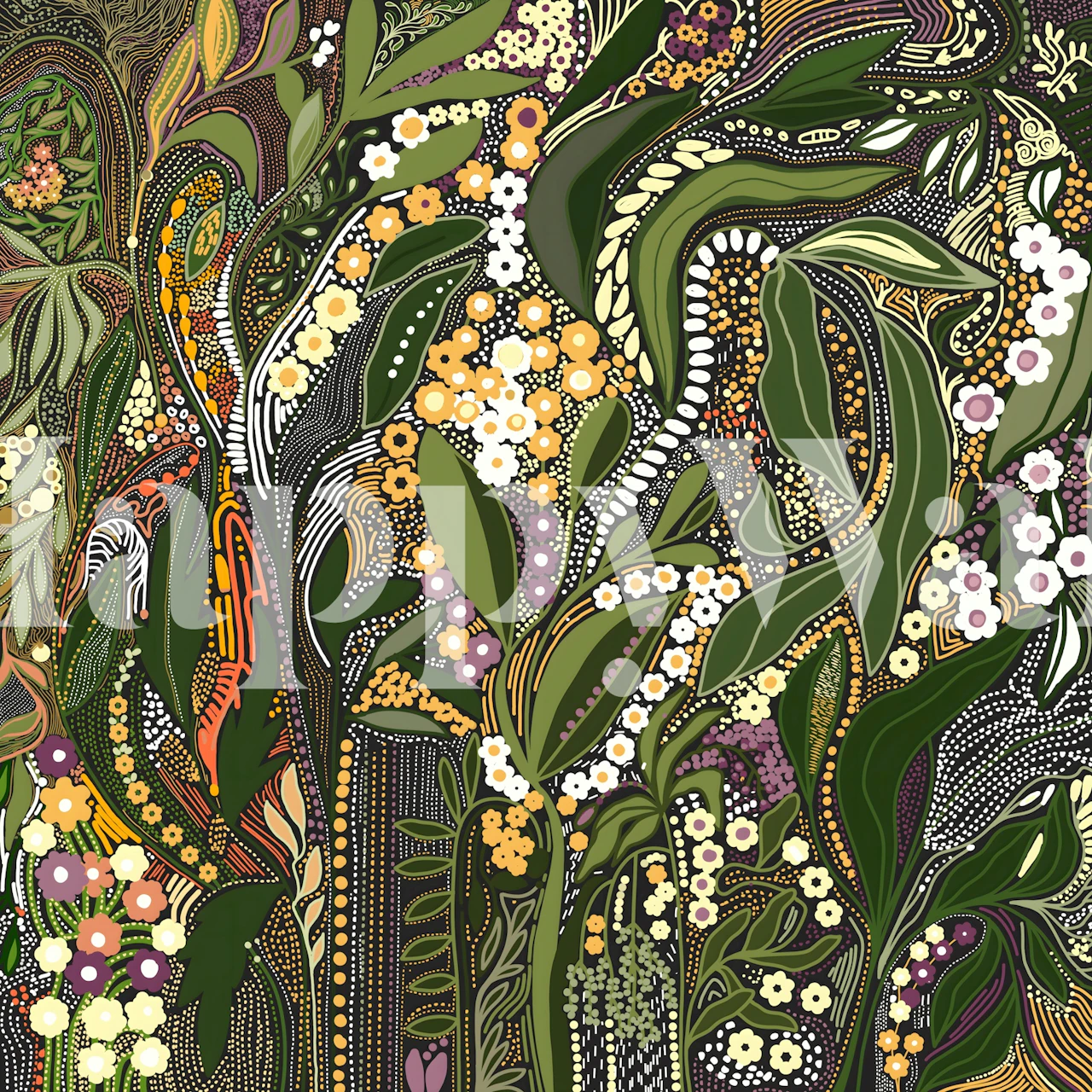 Vibrant floral patterns with green leaves, yellow and purple flowers wallpaper