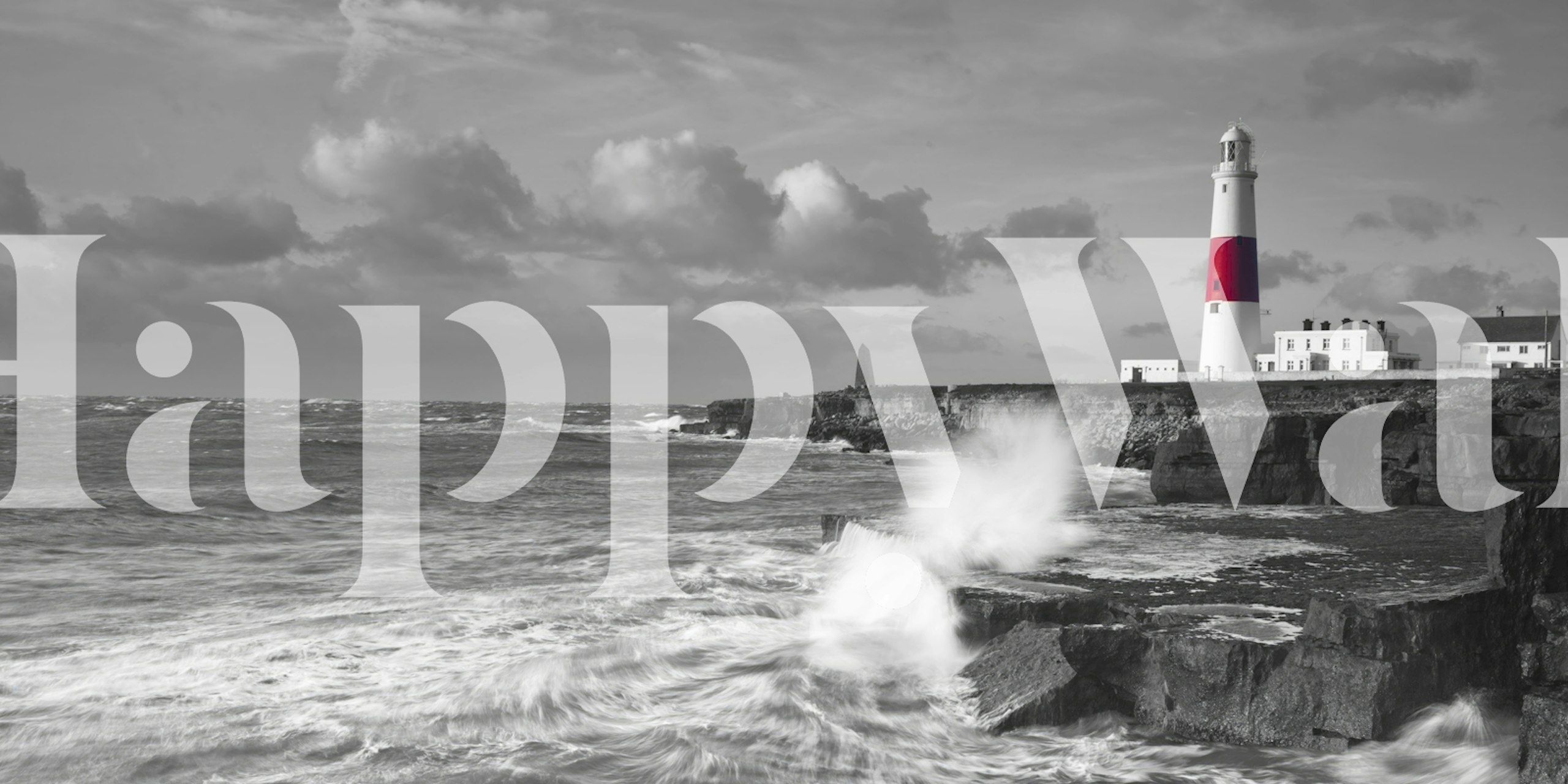 Black and white wall mural depicting a lighthouse with waves crashing against the shore