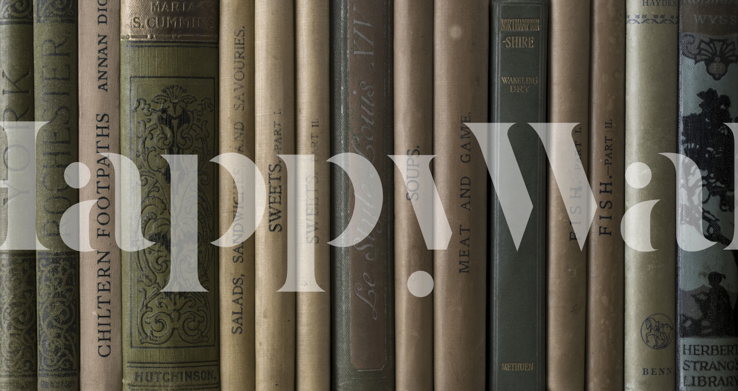 Vintage book cover patterned wallpaper in muted tones