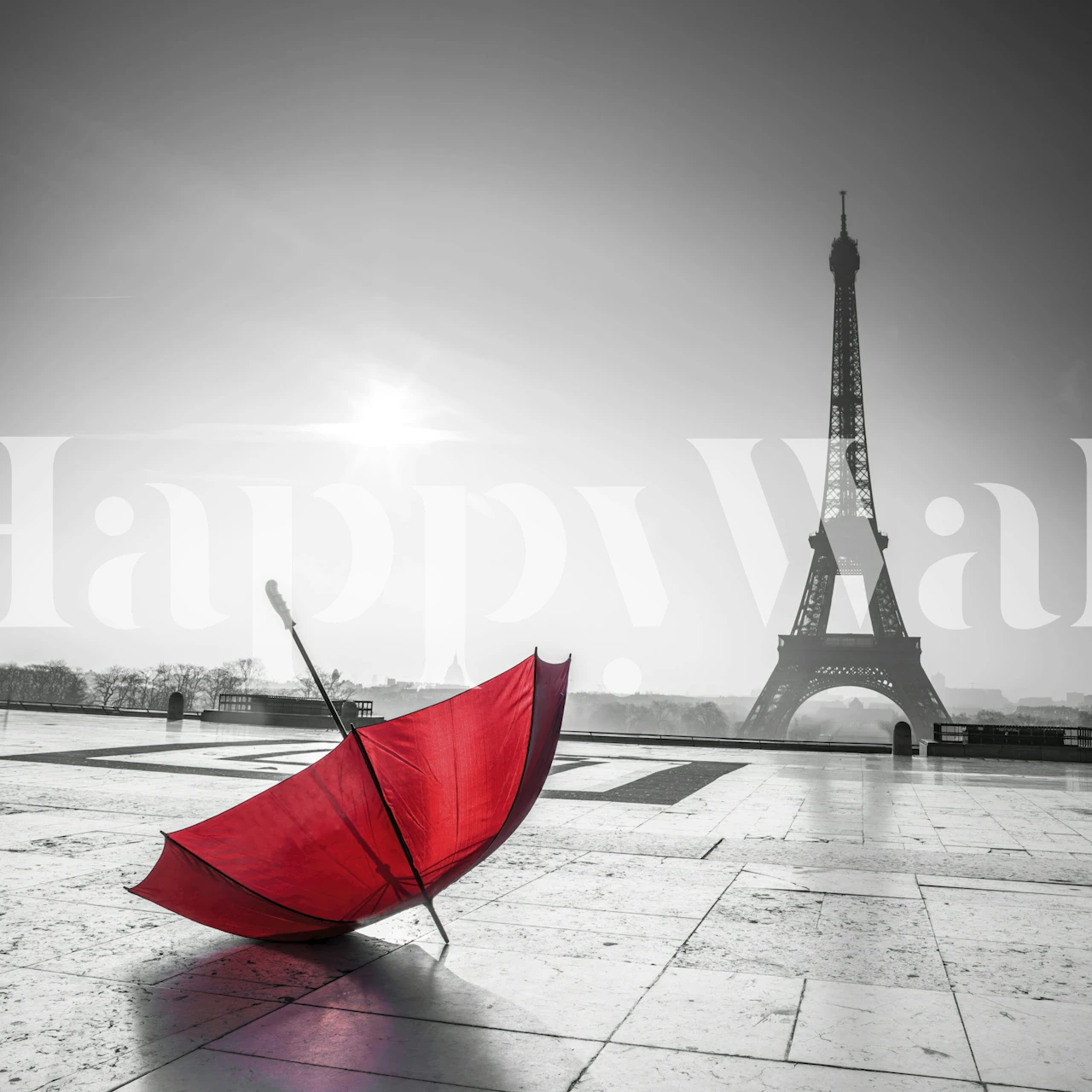 Red umbrella with Eiffel Tower in background black and white wallpaper