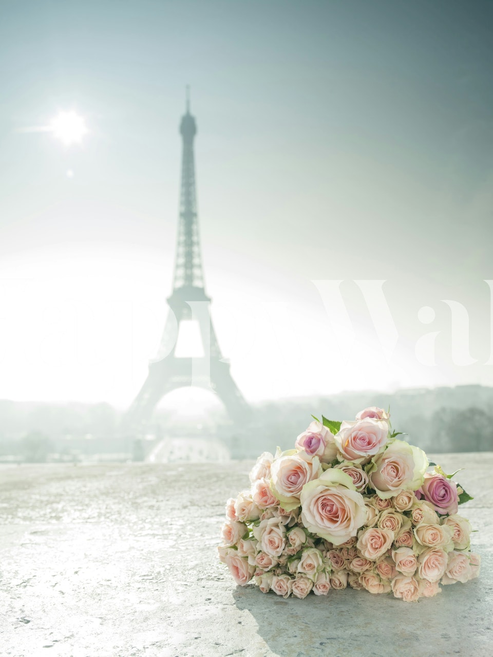 Bouquet of pink roses in front of the Eiffel Tower wallpaper