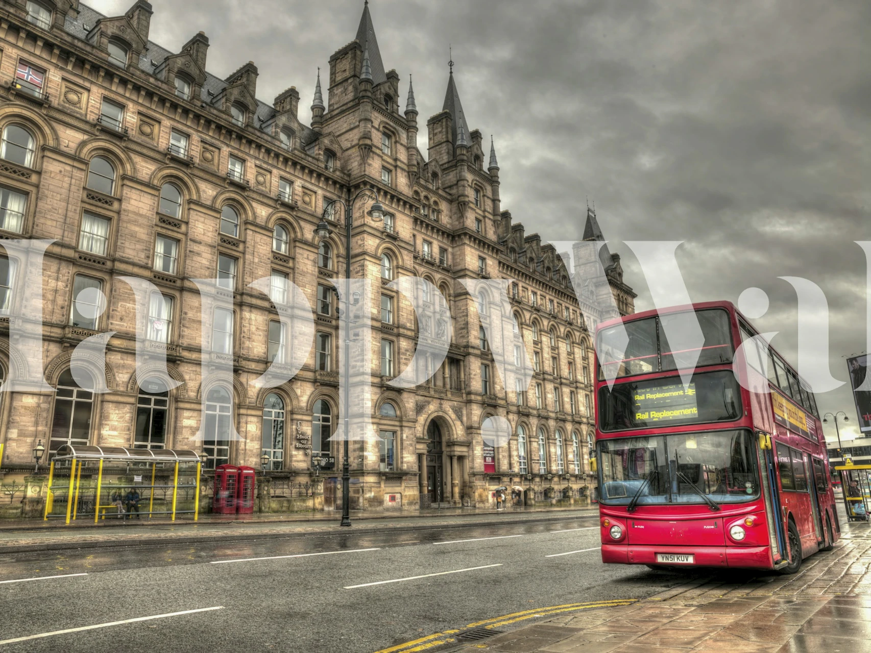 Red bus wallpaper in a room setting