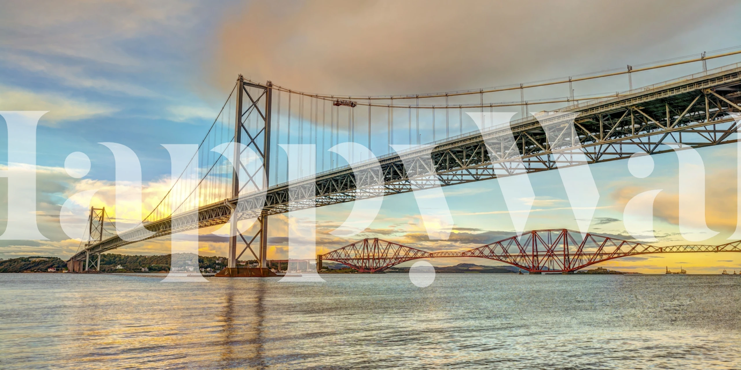 Forth Road Bridge and surrounding water at sunset wallpaper