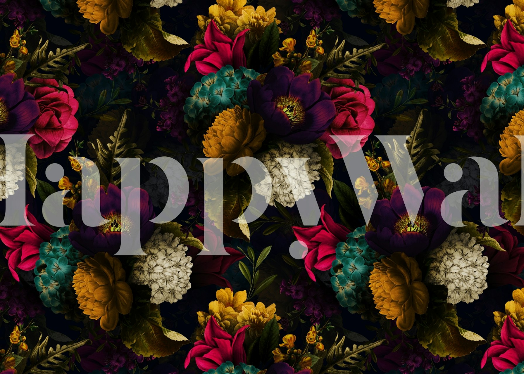 Donkere bloemen met rijke kleuren op zwart achtergrond wallpaper