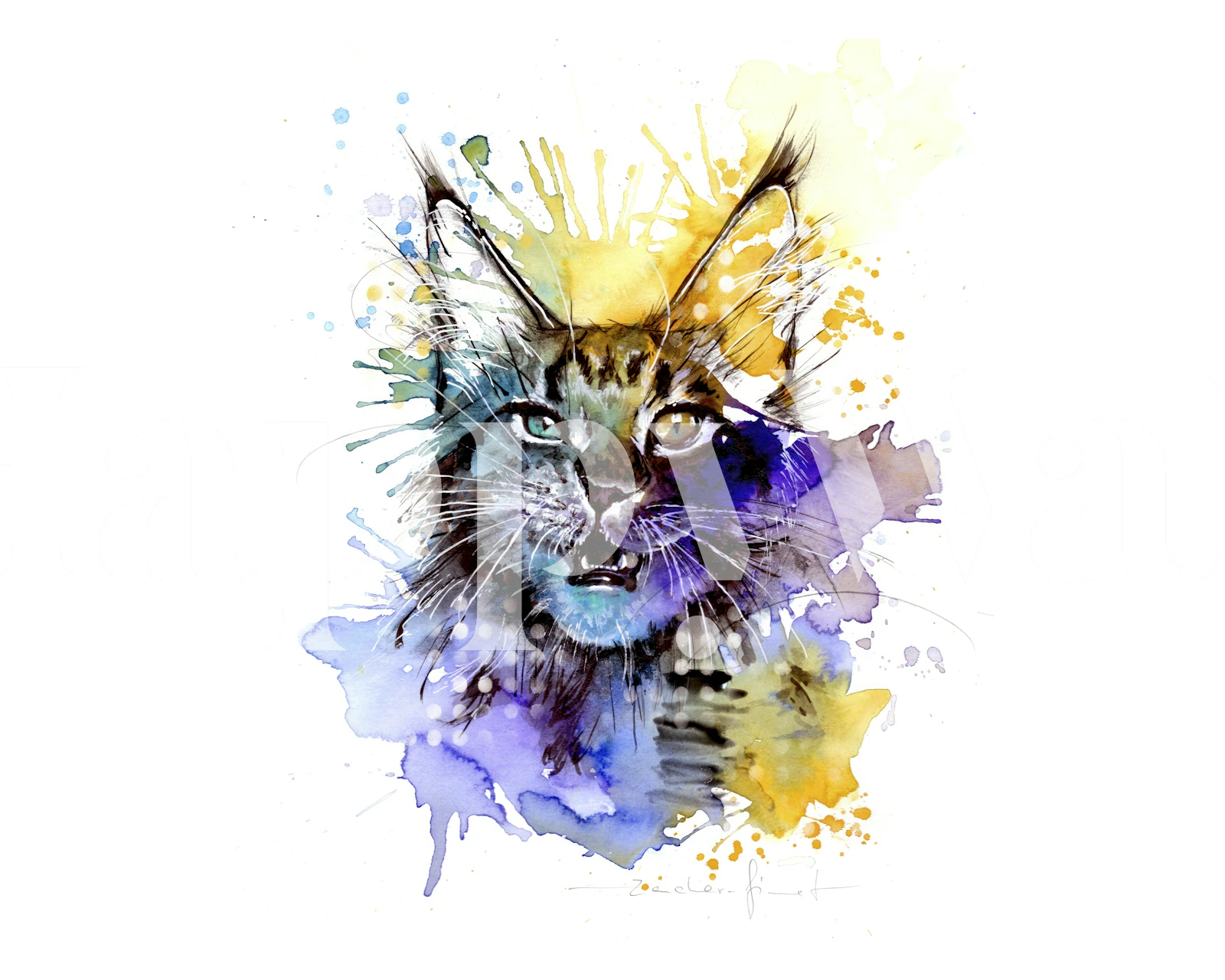 Colorful watercolor art of a cat for a wall mural