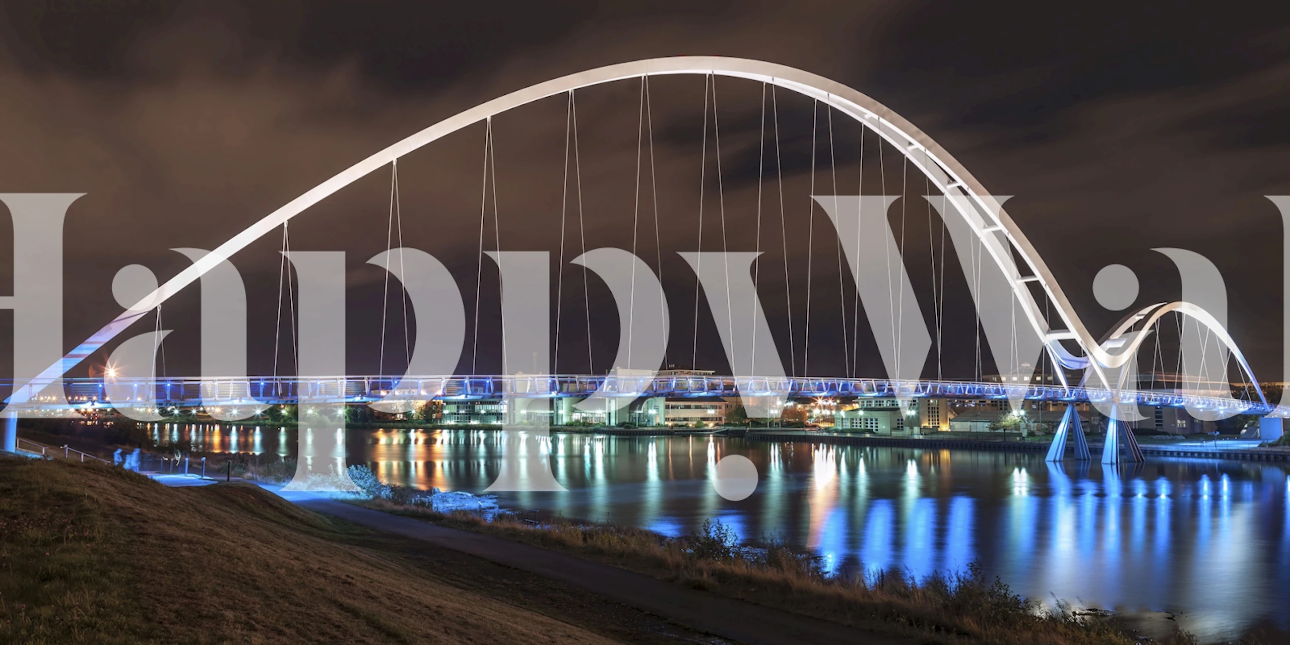 Modern white bridge at night with blue lights reflection wallpaper
