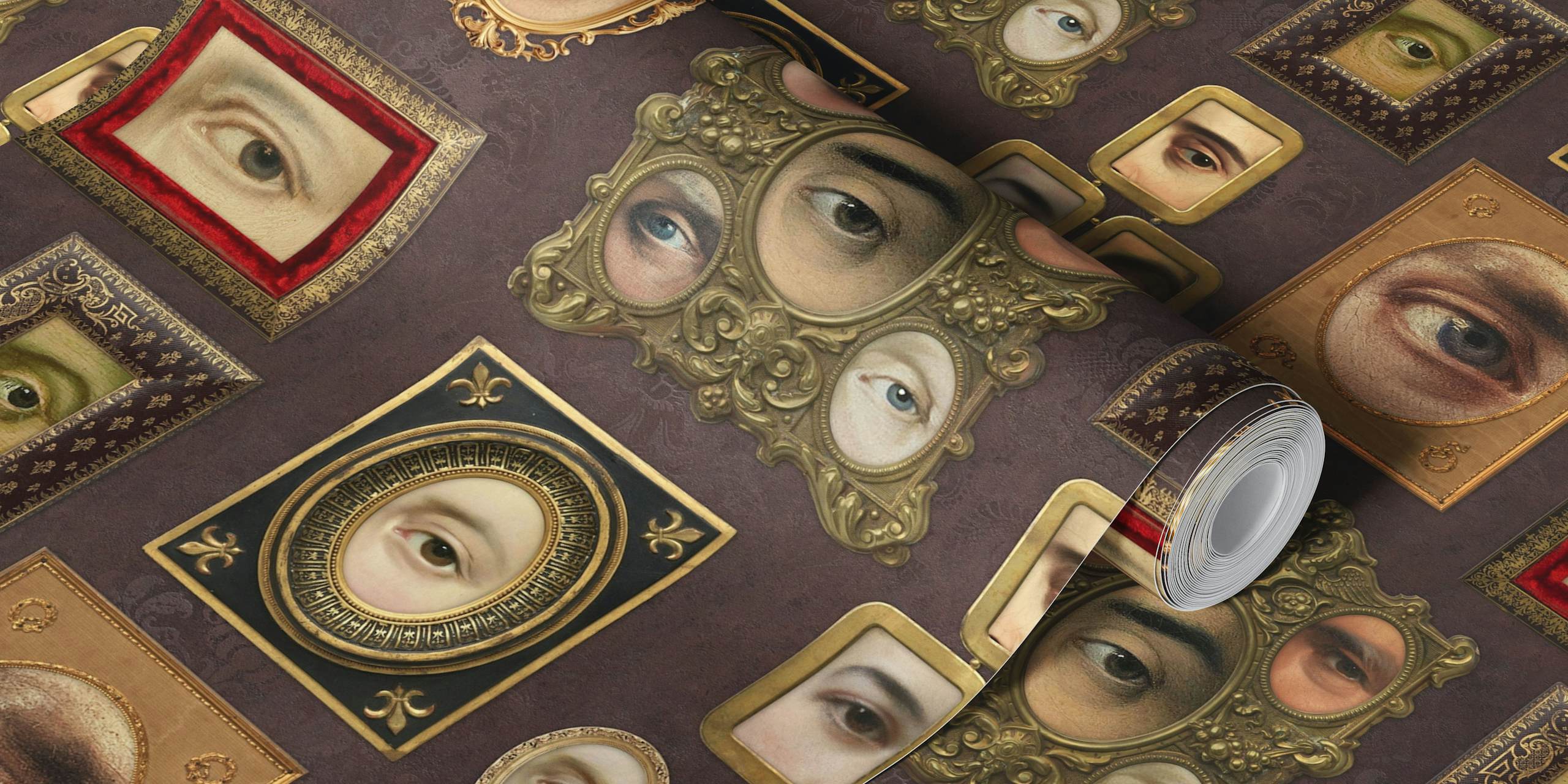 Unique Victorian portraits featuring eyes in ornate frames, brown tones wallpaper