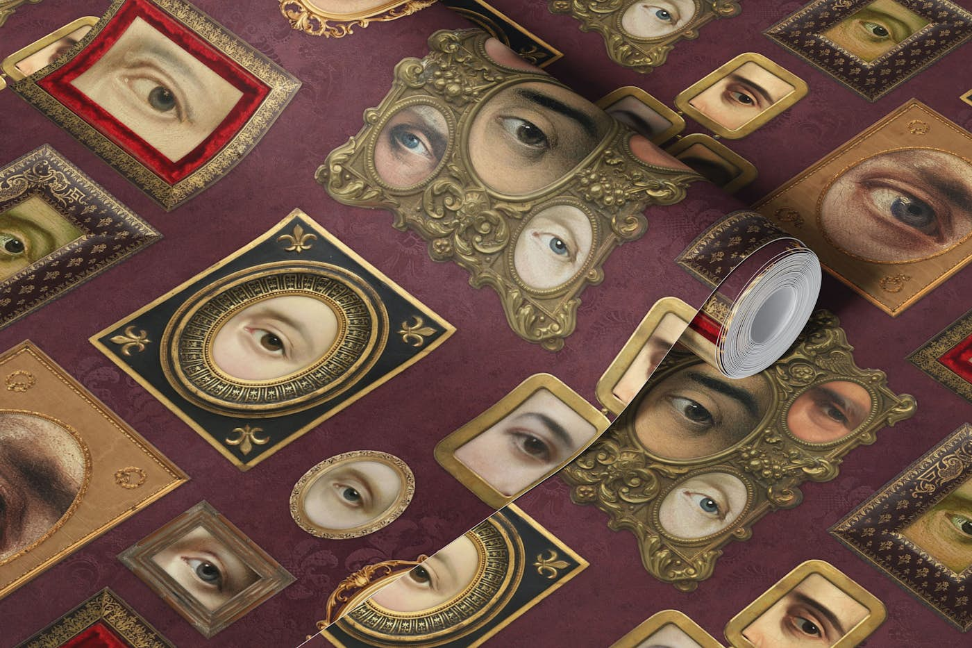 Single Eyes Victorian Portraits burgundy red wallpaper roll