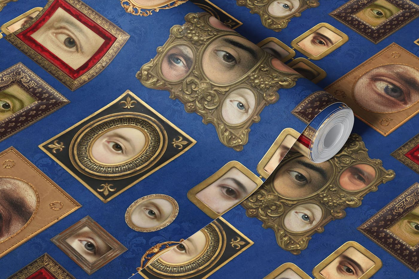 Single Eyes Victorian Portraits cobalt blue wallpaper roll