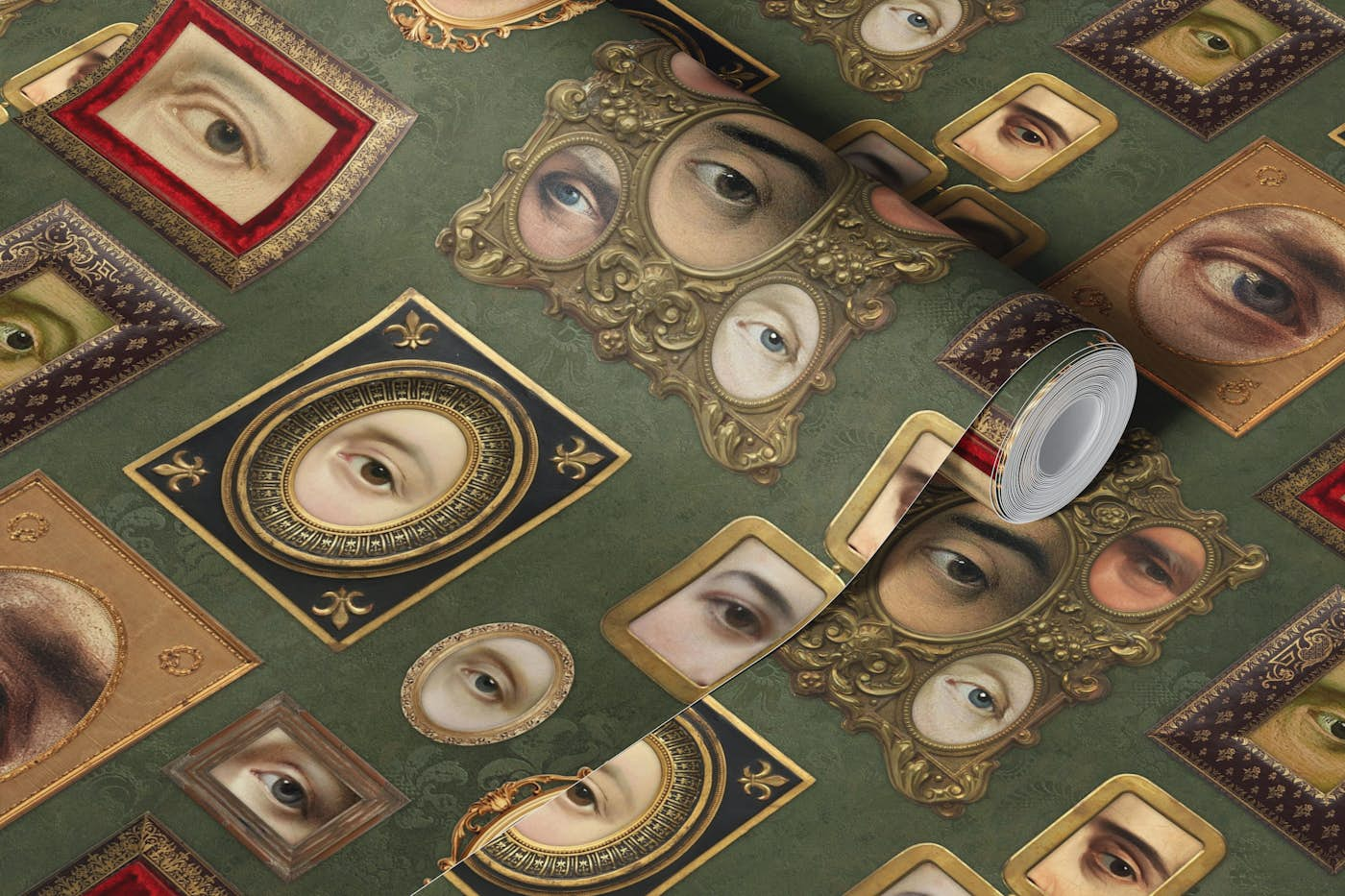 Single Eyes Victorian Portraits olive green wallpaper roll