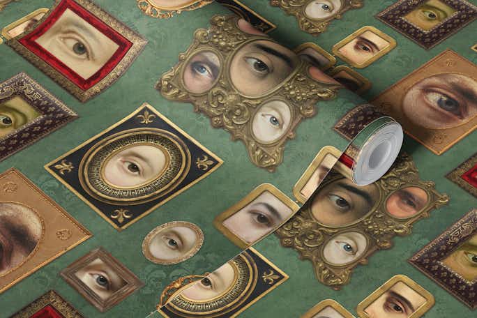 Single Eyes Victorian Portraits sage greenwallpaper roll