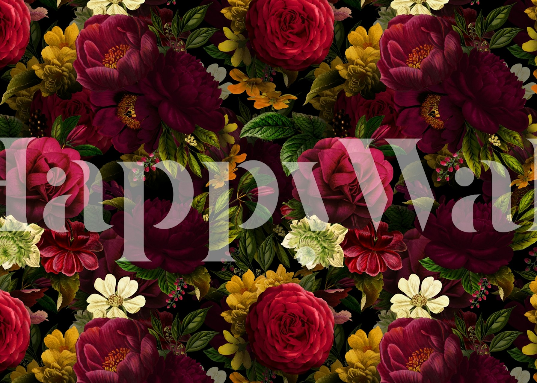 Opulentní nástěnná malba barokní Mysterious Garden s tmavým květinovým vzorem