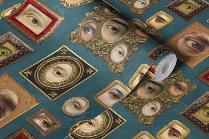 Single Eyes Victorian Portraits teal bluewallpaper roll