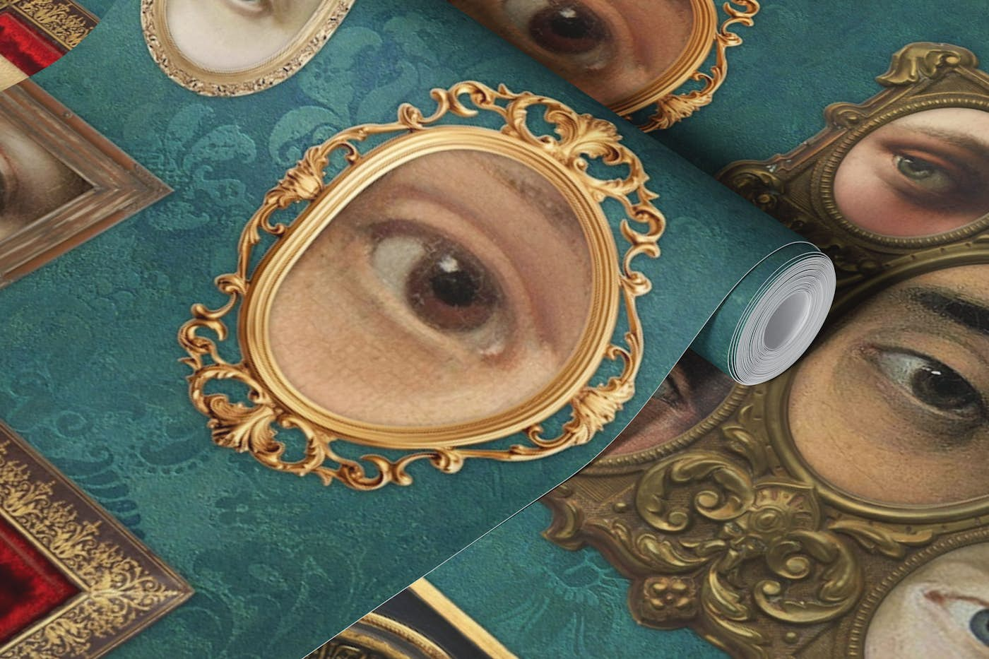 Single Eyes Victorian Portraits viridian XL wallpaper roll