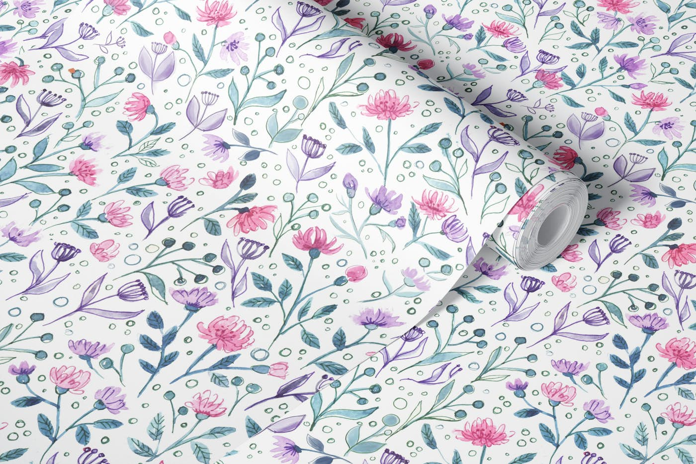 Watercolor flowers in pink and green wallpaper roll