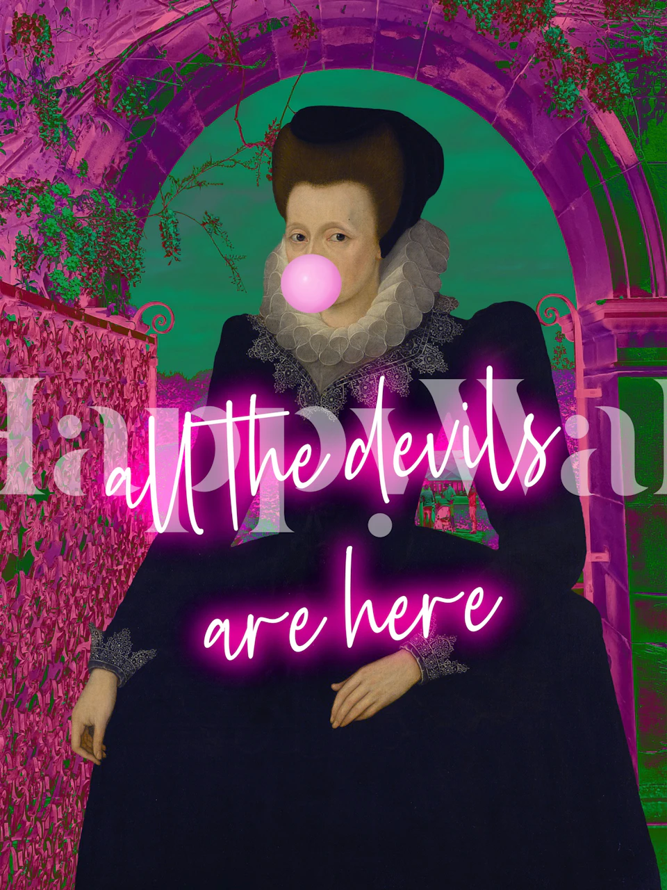 Historical portrait with neon colors and bubble gum art deco wallpaper