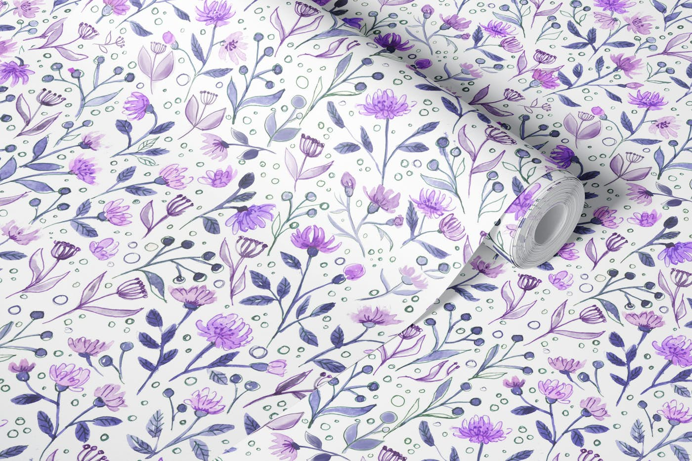 Watercolor flowers in violet wallpaper roll