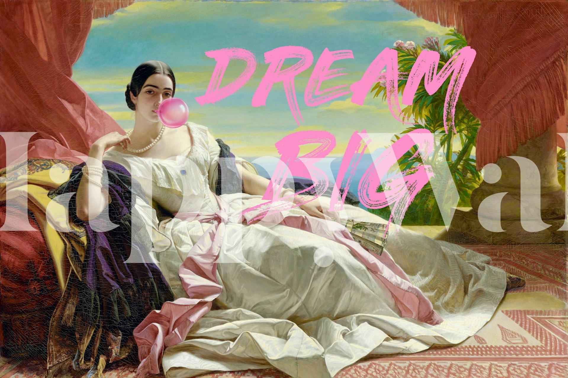 Vintage wallpaper featuring a woman blowing gum, pink accents, classical style