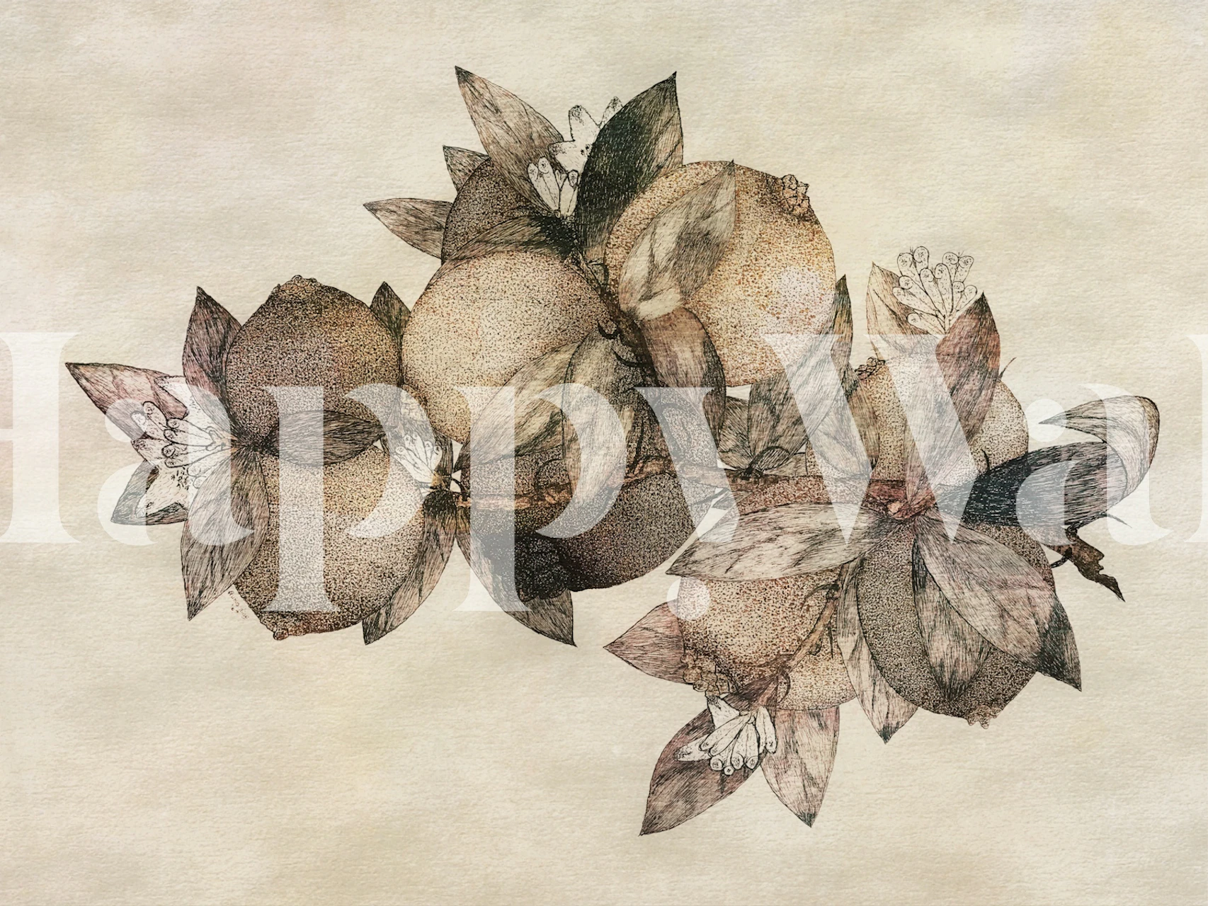 Wall mural of autumn leaves and flora in soft, subdued colors
