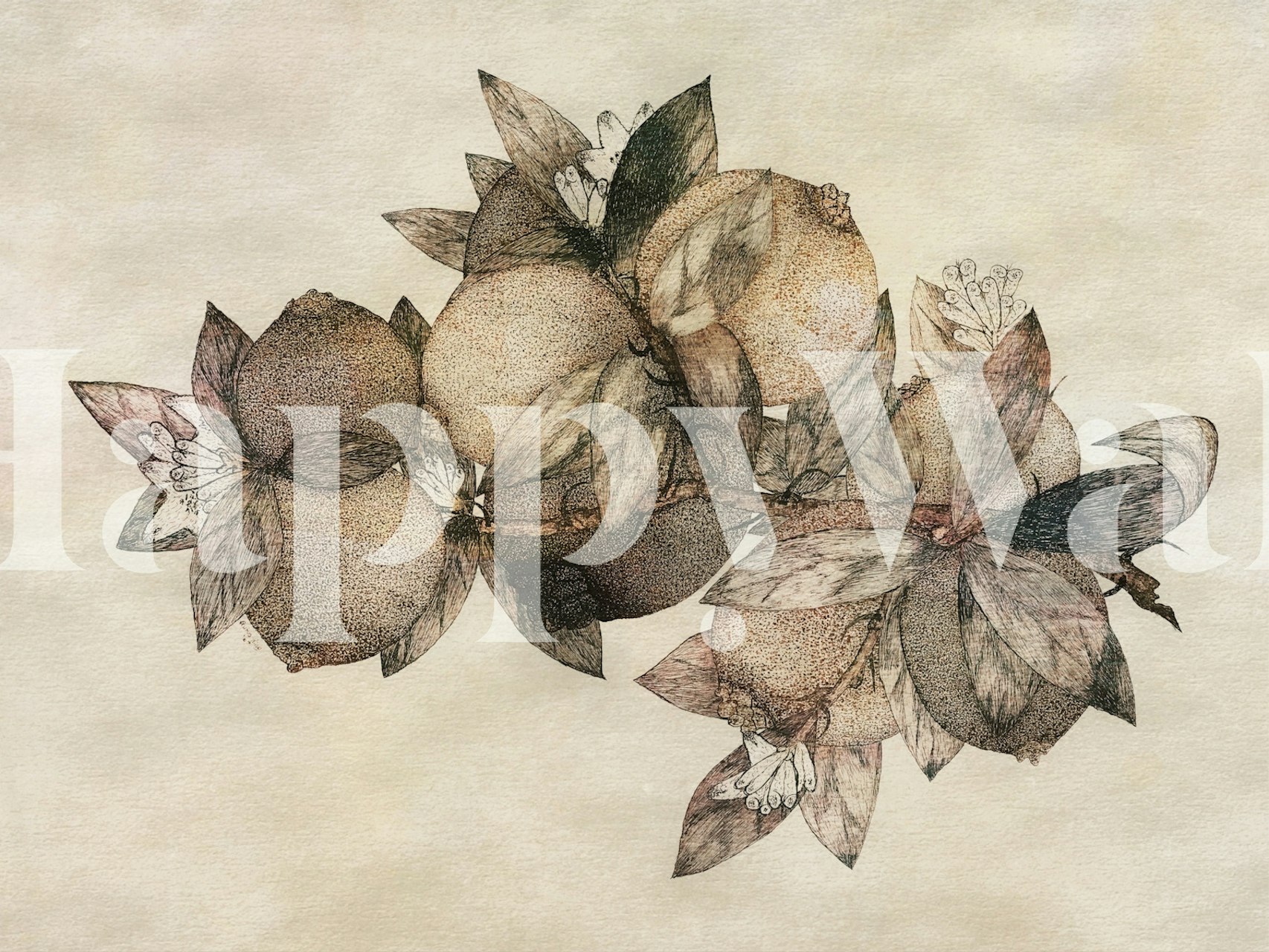 Wall mural of autumn leaves and flora in soft, subdued colors