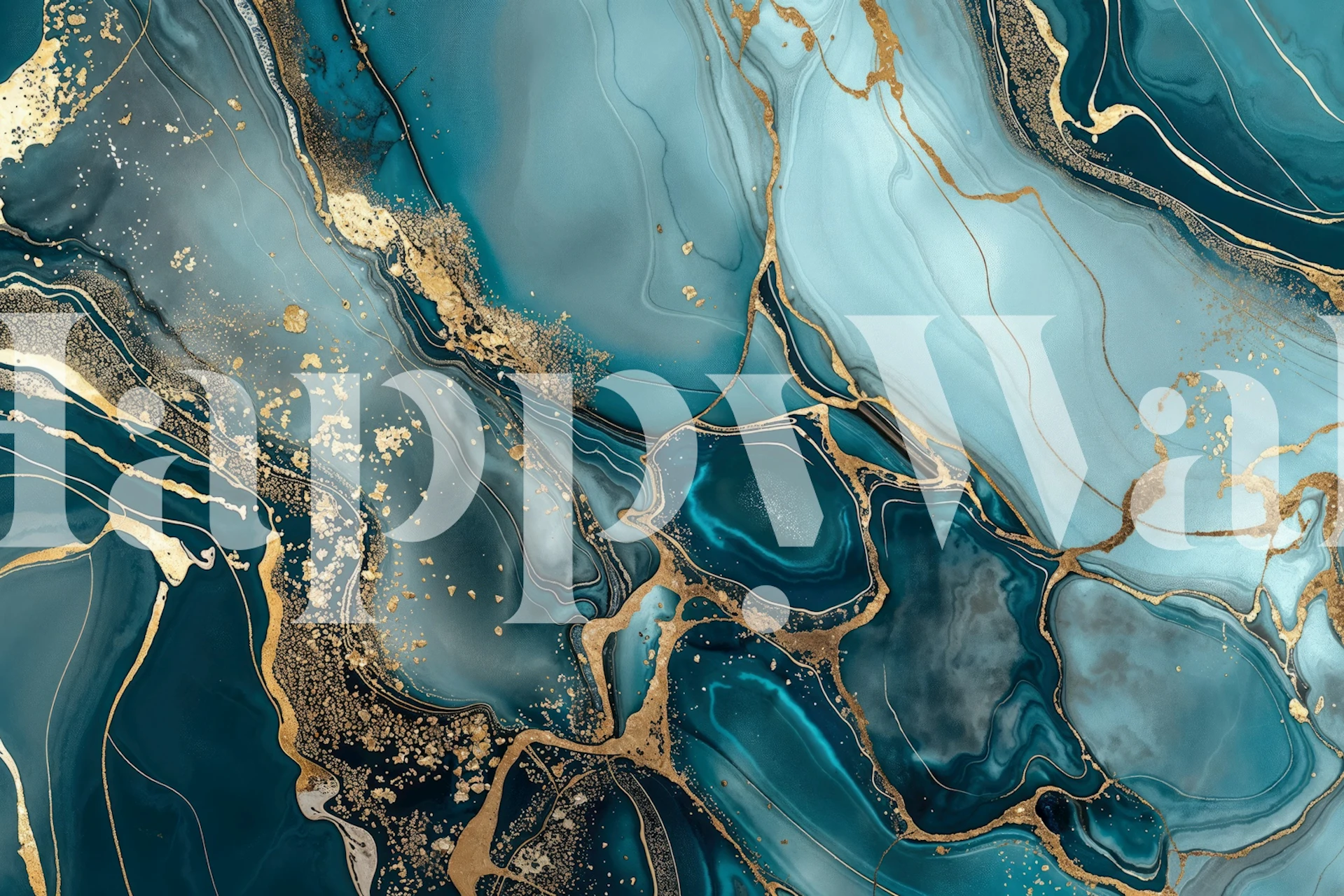 Teal and gold marble effect wallpaper with fluid patterns