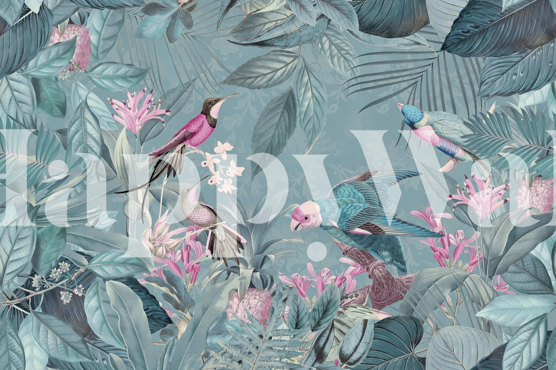 Pastel-colored wall mural of a jungle with various birds and tropical foliage