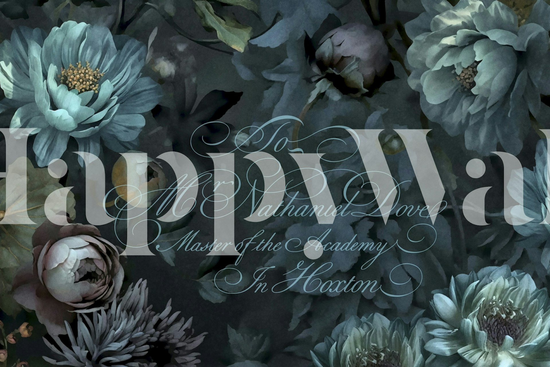 Dark floral watercolor wallpaper featuring lush green and blue flowers with script