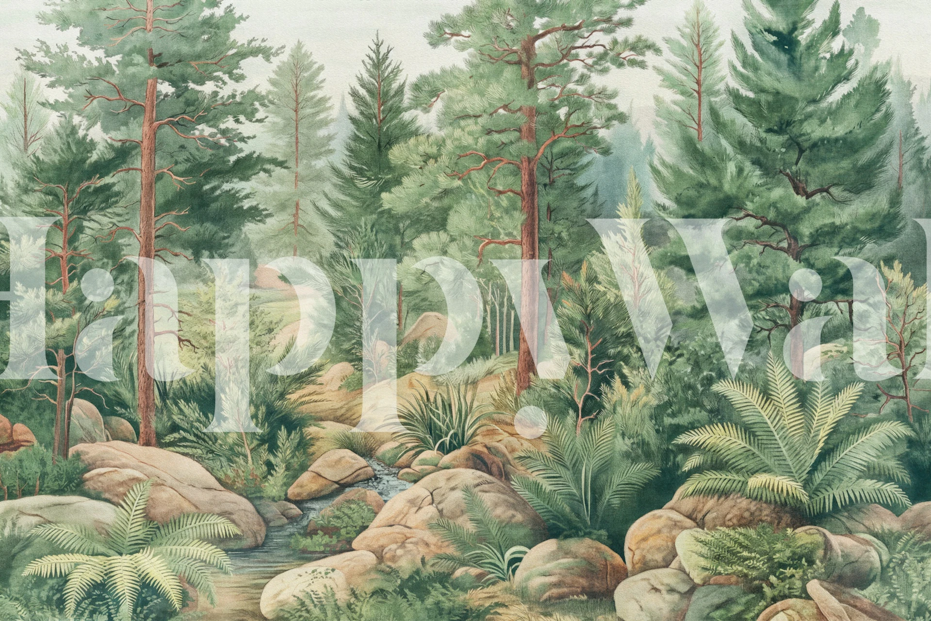 Green pine forest oil painting wallpaper in a room