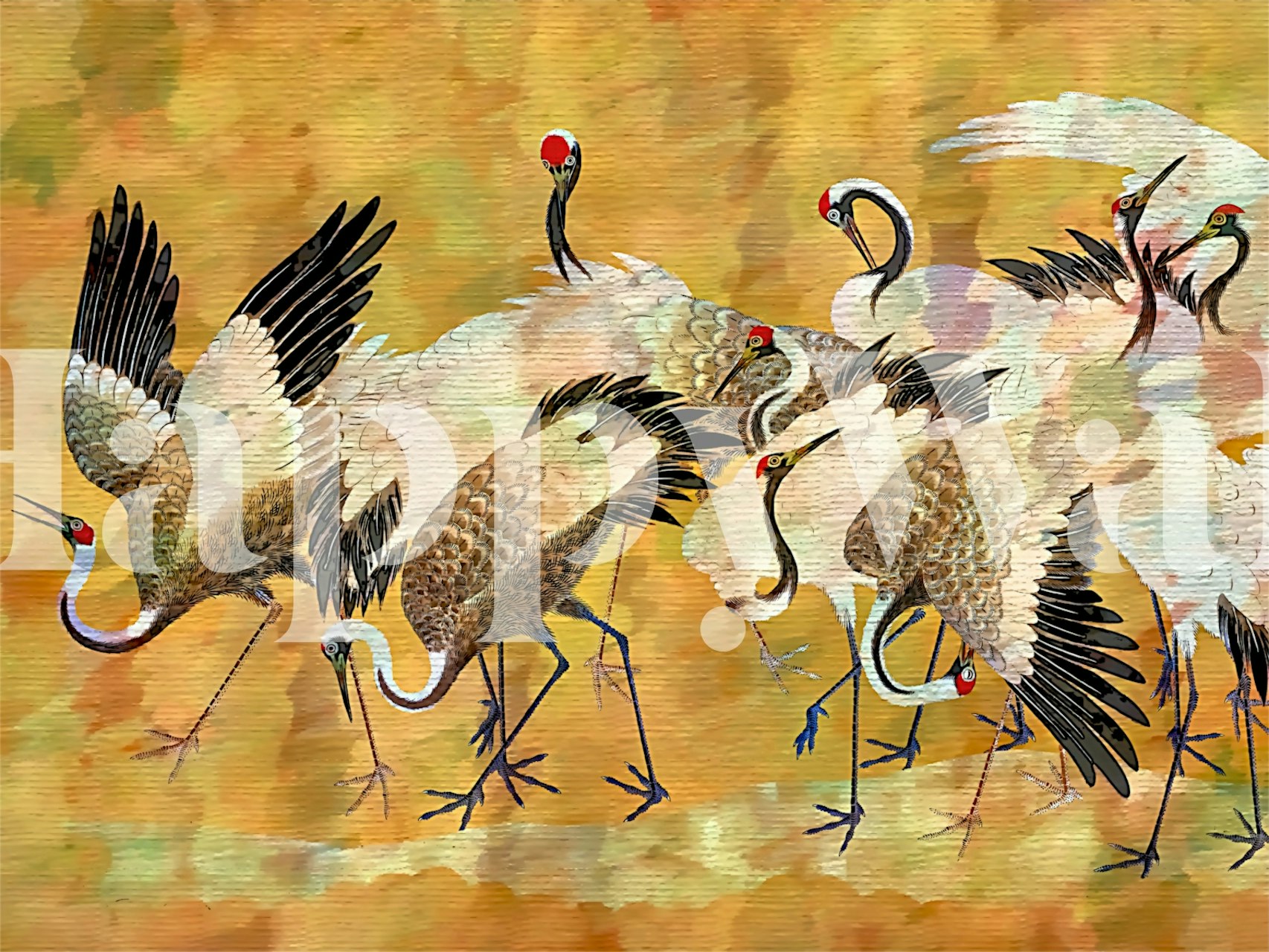 Vintage crane birds in earthy tones wallpaper