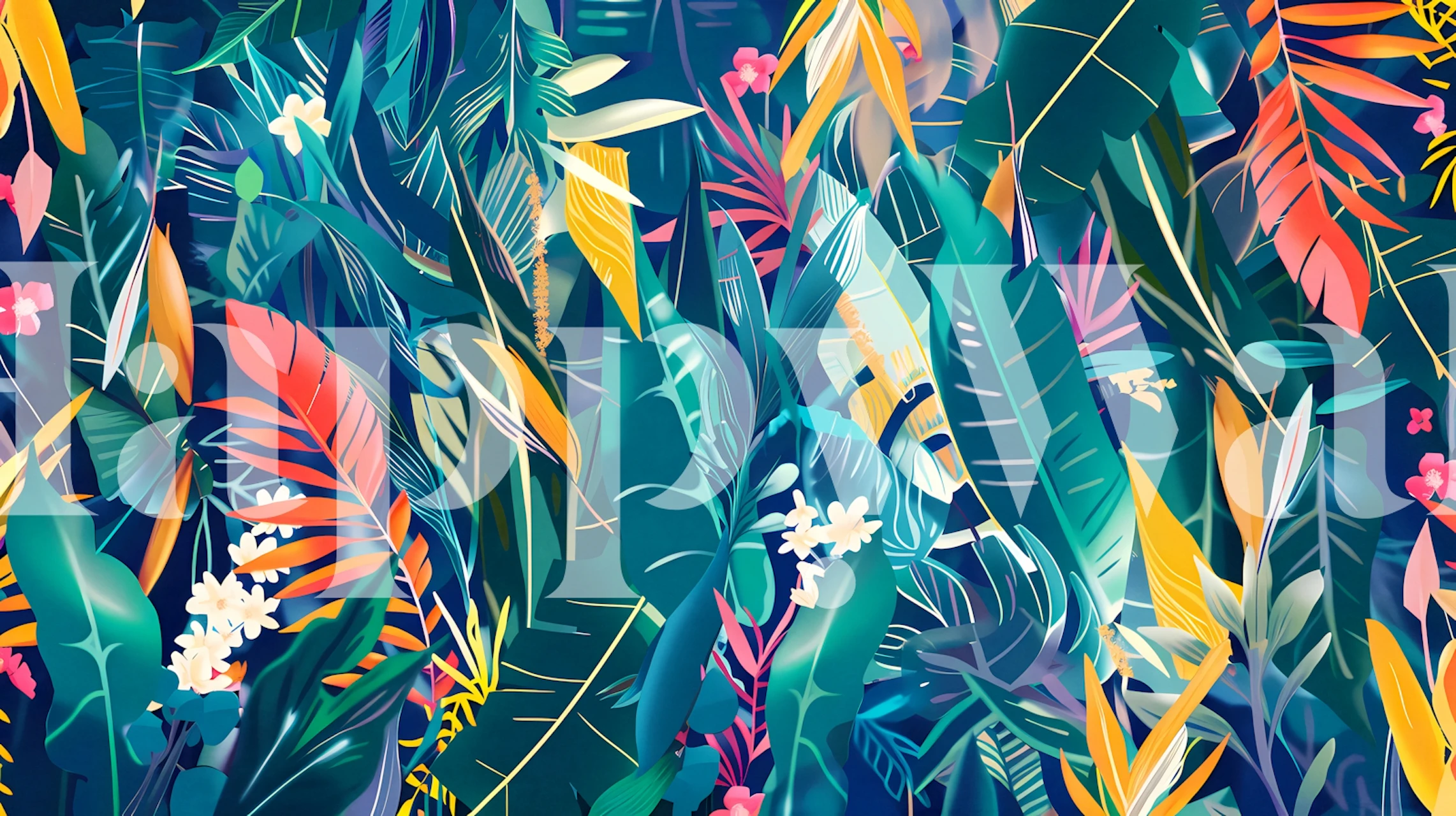 Tropical garden wallpaper with colorful leaves and flowers in vibrant hues